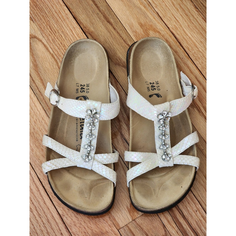 Betula by Birkenstock Iridiscent White Snakeskin Rhinestone Sandals 38 7
